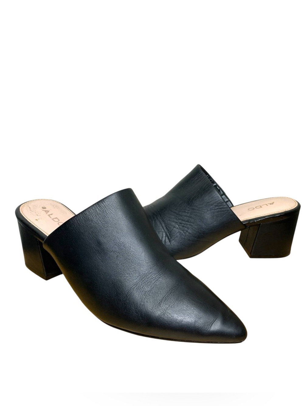 Aldo Black Leather Slip-On Mules Sz 9 Block Heel Timeless Closet Staple Shoes